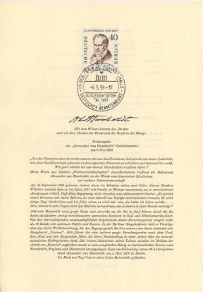Berlin, ETB Nr. 43 - Ersttagsblatt mit Michel Nr. 171 - Alexander von Humboldt