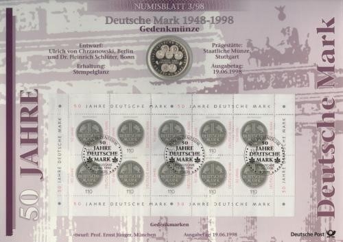 BUND Numisblatt 3/1998 - 50 Jahre Deutsche Mark - 10 DM Silbermünze