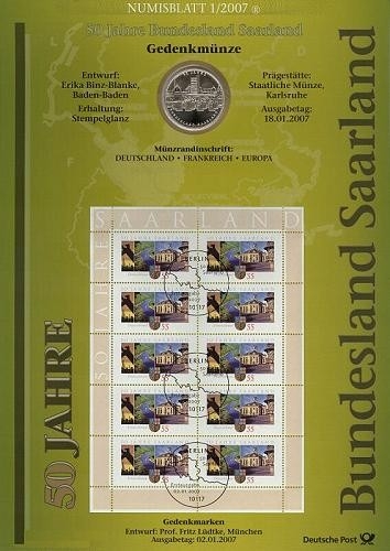 BUND Numisblatt 1/2007 - 10 EURO - 50 Jahre Bundesland Saarland