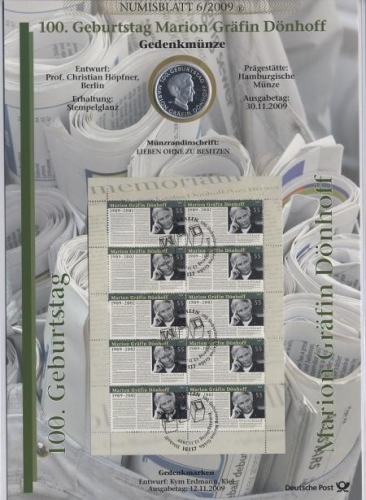 BUND Numisblatt 6/2009 - 10 EURO - 100 Geburtstag Marion Gräfin Dönhoff
