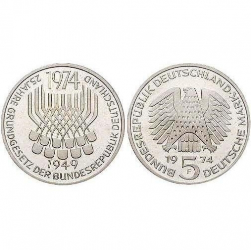 5 DM Grundgesetz der Bundesrepublik Deutschland 1974 stempelglanz