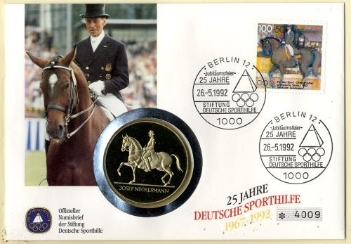 BRD Numisbrief Medaille | Deutsche Sporthilfe 1992 Pferd Reiter | Worbes 515