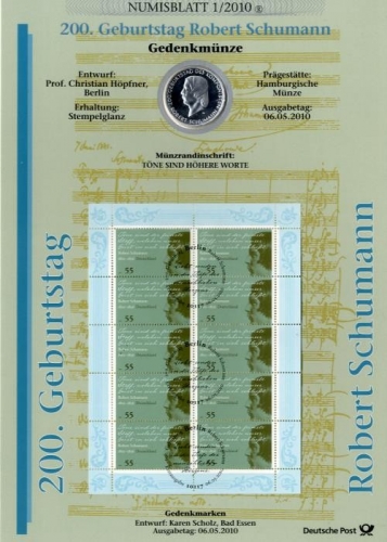 BUND Numisblatt 1/2010 - 10 EURO - 200. Geburtstag Robert Schumann