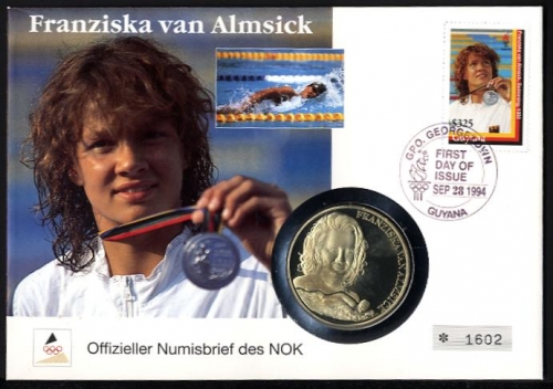 Numisbrief Franziska van Almsick 1994 Medaille Guyana