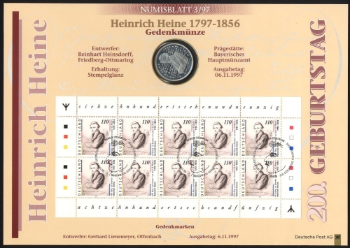BUND Numisblatt 3/1997 - 10 DM Heinrich Heine - 1. Auflage MIT RUNEN MiNr 1962I
