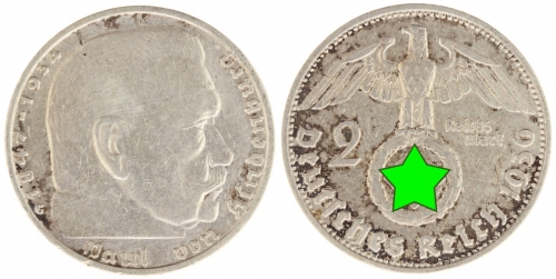 2 RM Reichsmark 1936 G, Hindenburg m. Hakenkreuz, J.366, Silber