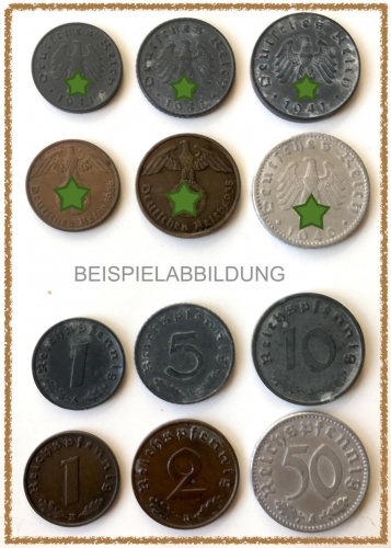 3. Reich 1937-43, 6 versch. Münzen 1, 2, 5, 10 und 50 Pfennig alle mit HK