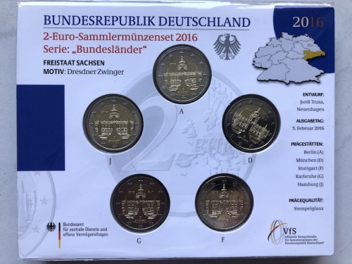 BRD 5 x 2 EURO 2016 st - ADGFJ - Dresdner Zwinger Sachsen - OVP