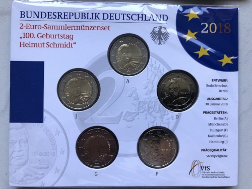 BRD 5 x 2 EURO 2018 st - ADGFJ - Helmut Schmidt - OVP
