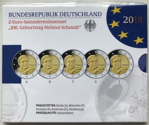 BRD 5 x 2 EURO 2018 PP - ADGFJ - Helmut Schmidt - OVP