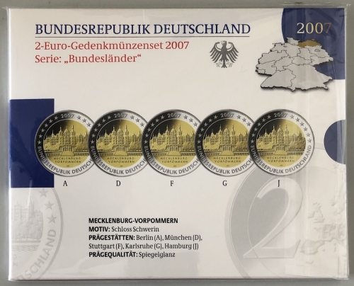 BRD 5 x 2 EURO 2007 PP - ADGFJ - Schloss Schwerin - OVP