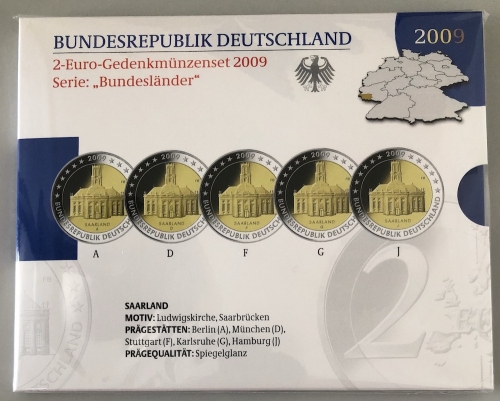 BRD 5 x 2 EURO 2009 PP - ADGFJ - Saarbrücken Ludwigskirche - OVP