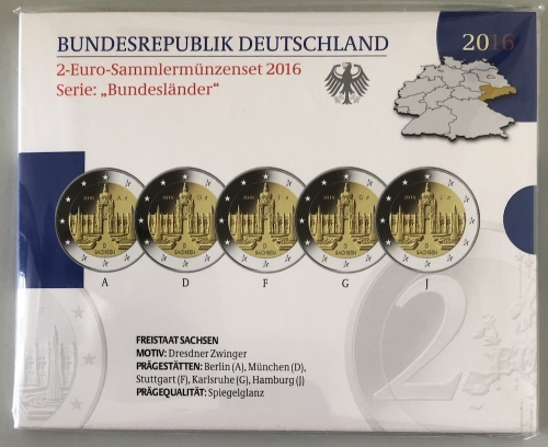 BRD 5 x 2 EURO 2016 PP - ADGFJ - Dresdner Zwinger Sachsen - OVP