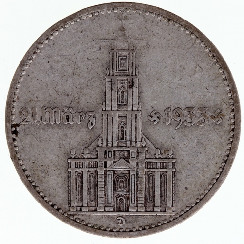 2 RM Reichsmark 1934 D, Garnisonkirche mit Datum, J.366, Silber
