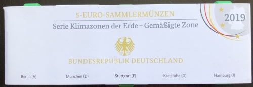 5 x 5 Euro Münze 2019 Gemäßigte Zone PP Spiegelglanz ADFGJ