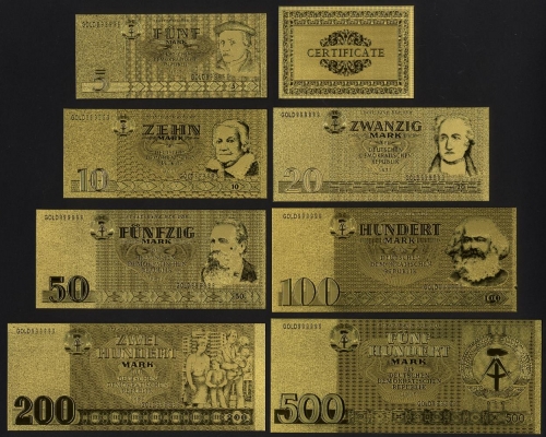 DDR Goldfolien Banknoten Set 5, 10, 20, 50, 100, 200, 500 Ostmark Glücksbringer