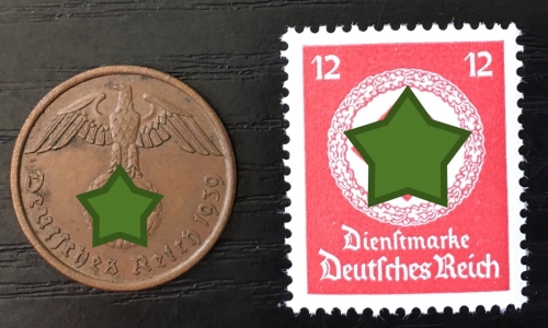 2 REICHSPFENNIG + BRIEFMARKE MIT HAKENKREUZ EICHENLAUB - DEUTSCHES REICH