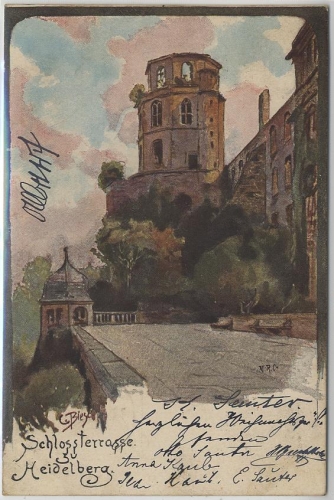 AK HEIDELBERG Schloßterrasse Künstler-Karte Bleser 1898 gelaufen