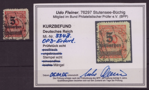 Deutsches Reich Michel Nr. 334 B OPD-Erfurt gestempelt, geprüft Fleiner BPP