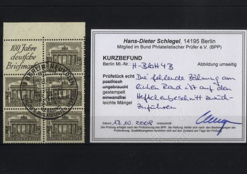 Berlin, Heftchenblatt 4 B gestempelt, geprüft Schlegel BPP - Bauten 1949