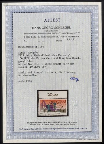 Bund Nr. 1558 F gestempelt - ABART Farbe gelb + blau fehlen - Attest Schlegel BPP