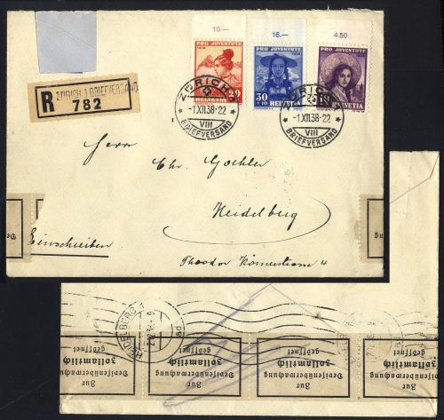 Schweiz MiNr. 332-334 FDC 1.XII.38 R-Brief Einschreiben - Pro Juventute 1938