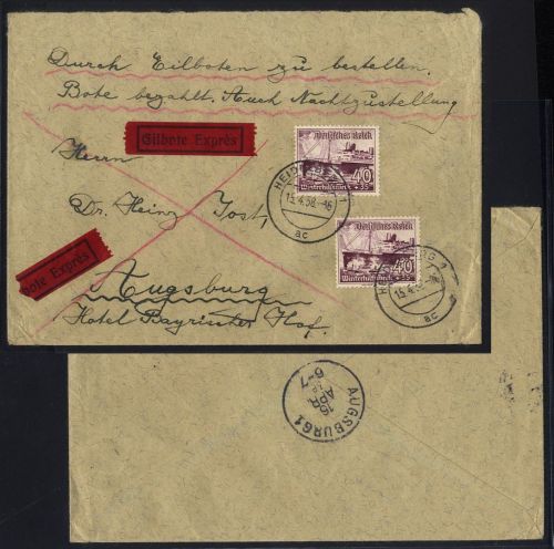 Deutsches Reich 659 (2) MeF Eilboten Express Brief von Heidelberg nach Augsburg