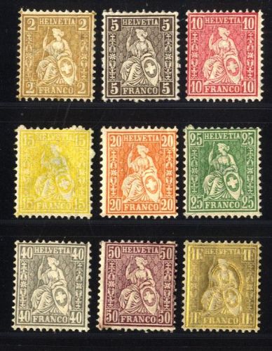 Schweiz 1881 - MiNr. 36-44 ungebraucht - Sitzende Helvatia Faserpapier