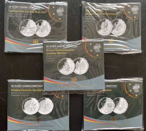 5 x 20 Euro Deutschland 2017 PP im Folder OVP Blister - Silber - spiegelglanz