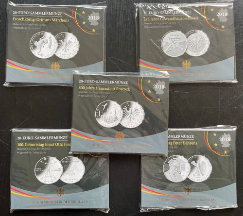 5 x 20 Euro Deutschland 2018 PP im Folder OVP Blister - Silber - spiegelglanz