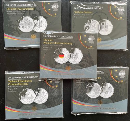 5 x 20 Euro Deutschland 2019 PP im Folder OVP Blister - Silber - spiegelglanz