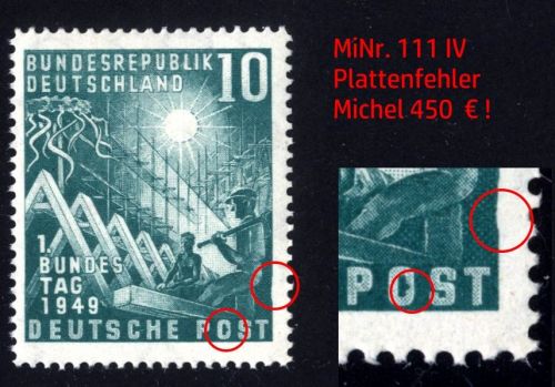Bund MiNr. 111 IV postfrisch - Plattenfehler geprüft Befund Schlegel BPP KW 450 €!