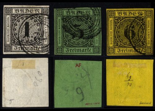 Baden 1853 - Michel Nr. 5, 6, 7 gestempelt - 1, 3, 6 Kreuzer Ziffer im Kreis