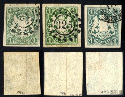 Bayern 1867 - MiNr. 14 a, b, c gestempelt geprüft Brettl BPP - alle 3 Farben 1 Kr.