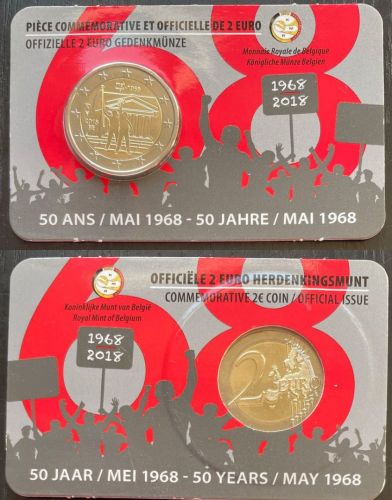 2 Euro Gedenkmünze Belgien 2018 - Studentenrevolte 1968 - wallonischer Blister (FR/DE)