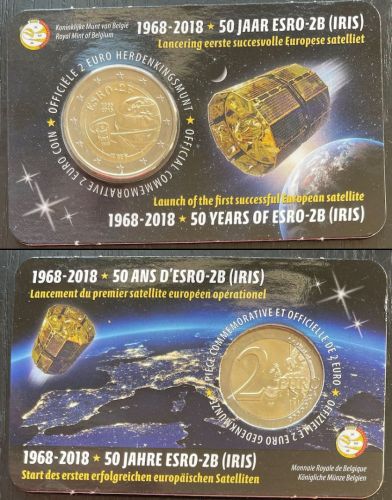 2 Euro Gedenkmünze Belgien 2018 - 50 Jahre Satellit ESRO-2B - Coincard wallonisch (FR/DE)