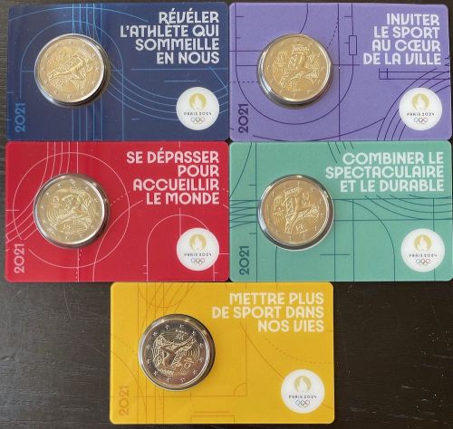 5 x 2 Euro Gedenkmünze Frankreich 2021 Olympische Spiele / Marianne - Coincards