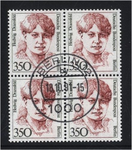 Berlin 828 | 350 Pf. Frauen Viererblock gestempelt Vollstempel geprüft Schlegel