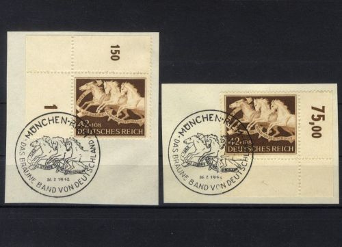 Deutsches Reich 815 BE ol / ur Eckrand Ecke gestempelt MÜNCHEN RIEM Braunes Band 1942