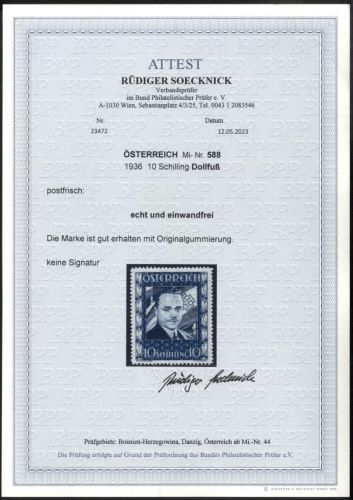 Österreich 1934 - MiNr. 588 einwandfrei postfrisch - Attest Soecknick BPP - Dollfuß