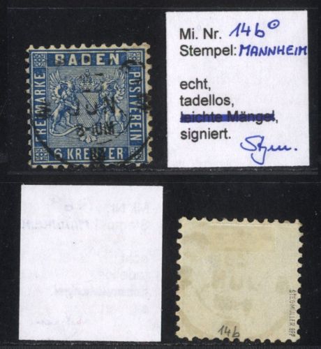 Baden 1862 - Nr. 14 b / 6 Kr gestempelt Mannheim, geprüft Stegmüller BPP