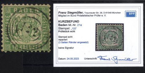 Baden 1862 - Nr. 21a / 18 Kr gestempelt 122 Salem, geprüft Stegmüller BPP