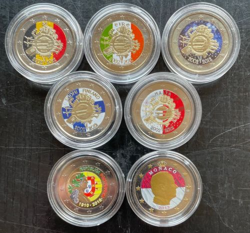 7 x 2 EURO Farbmünzen 2010-2012 - COLOR - mit Moanco / Portugal / Irland
