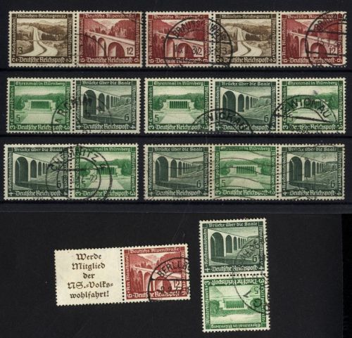 Dt. Reich WHW 1936 Zusammendrucke gestempelt W111, 112, 115, 119-122, SK29 aus MH 43