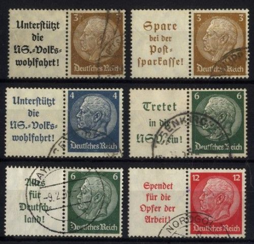 Deutsches Reich 6 Hindenburg Zusammendrucke mit Zierfeld gestempelt