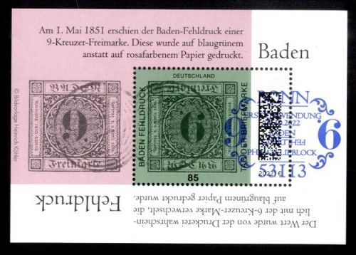 Bund, Block 90 ESST BONN - Tag der Briefmarke: Baden-Fehldruck