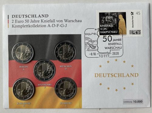 NUMISBRIEF 2 EURO 2020 ADFGJ - 50 Jahre Kniefall - Komplettsatz