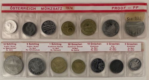 Österreich 1974 KMS PP Proof Satz 2 Gr. bis 10 Schilling - Silber & Kleinmünzen