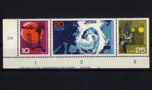 DDR, MiNr. 1343-1345 Dreierstreifen DV II postfrisch - Druckvermerk