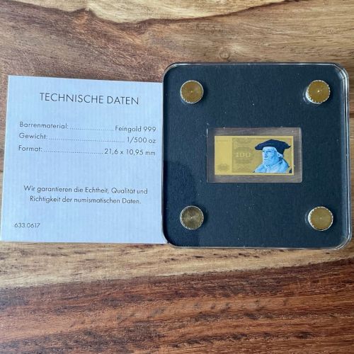 Goldbarren - Motivbarren 100 DM - Feingold 1/500 Unze Gold 999 - mit Zertifikat